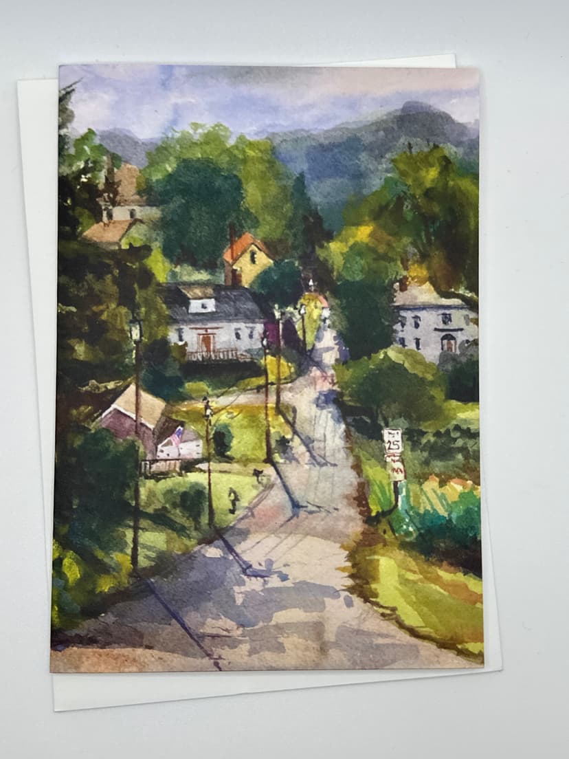 Watercolor-style Father’s Day card by Deena S. Ball featuring a peaceful rural road in Maine, perfect for a nostalgic message.